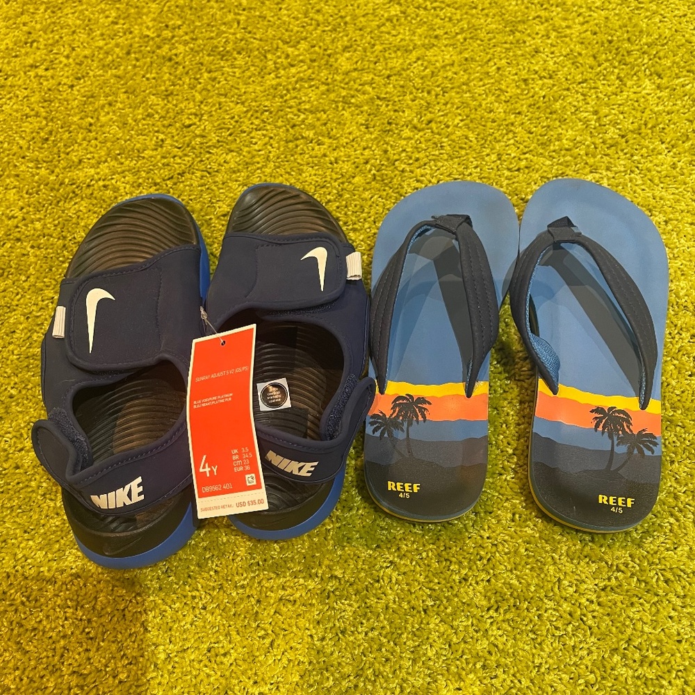 Nike Sunray, adjust sandals, NWT, and reef flip-flops